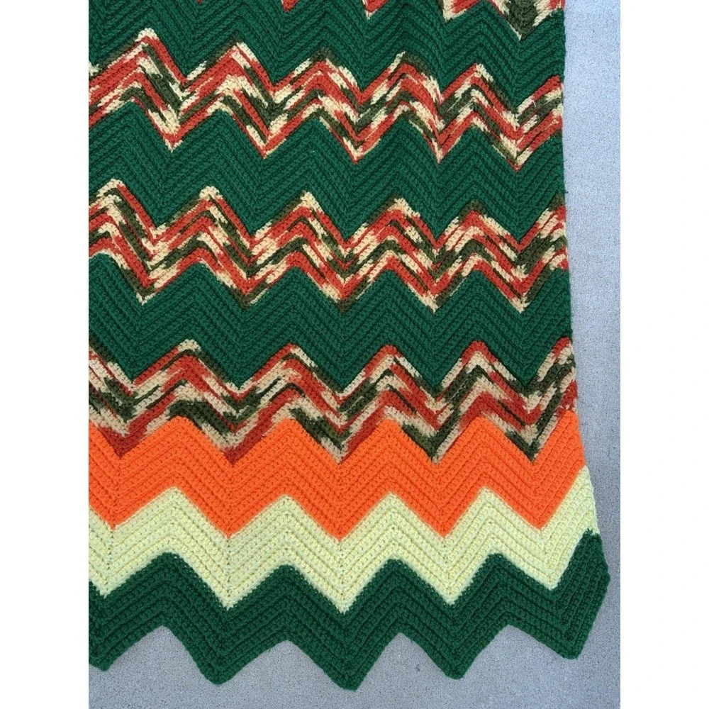 Vintage Handmade Crochet Afghan Blanket Green Orange Yellow Chevron Ripple 54x42